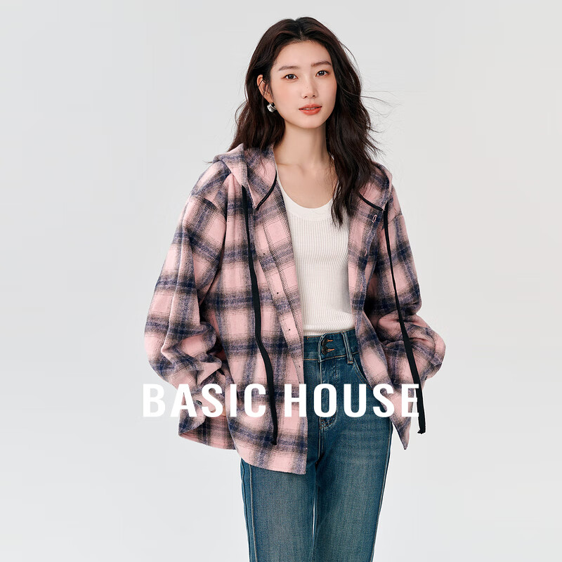 Basic House/百家好撞色格子外套秋季休闲连帽抽绳单排扣长袖上衣 粉色 S 90-120斤