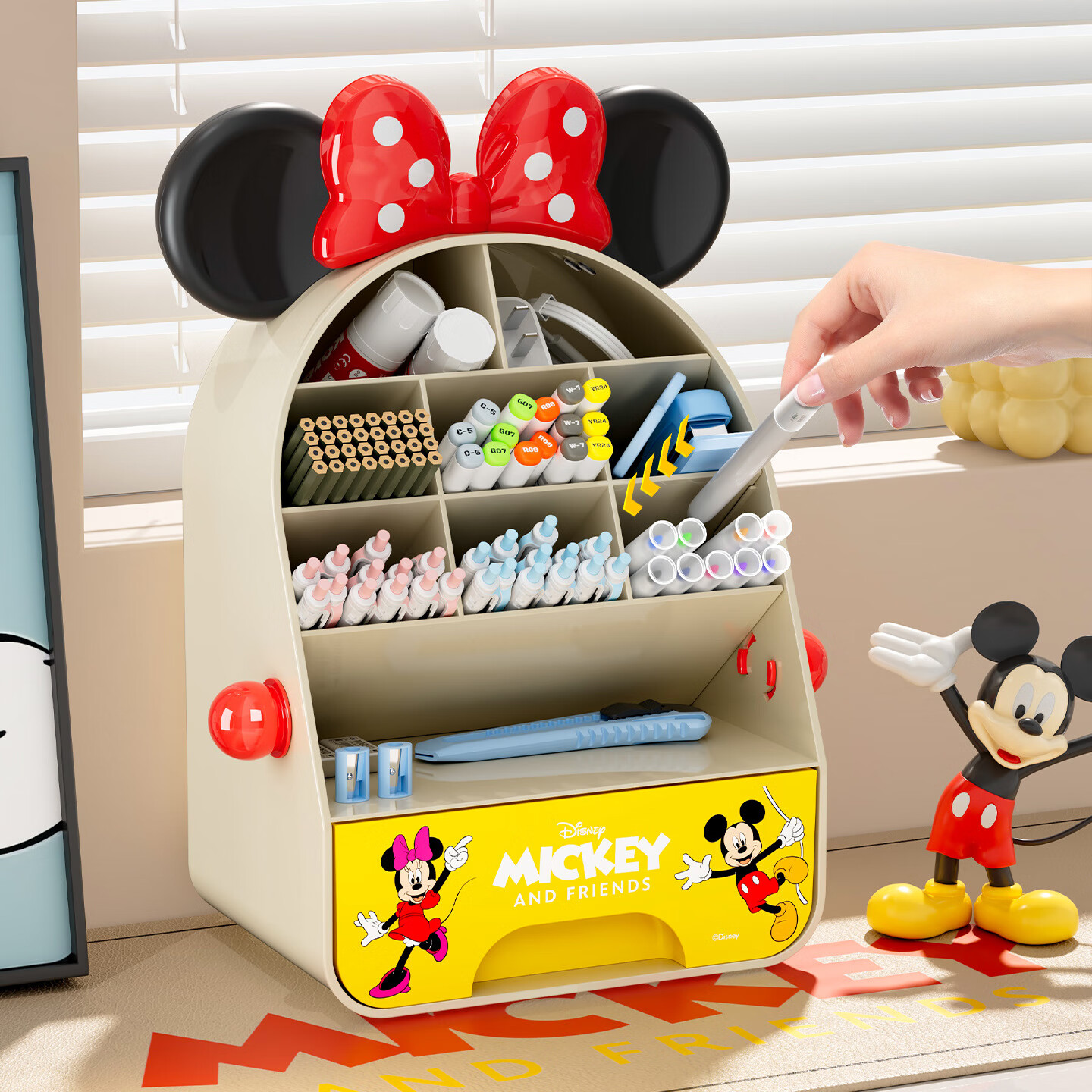 泉狮桌面收纳盒儿童书桌上可伸缩书立架学生课本置物架文具整理盒笔筒 【迪士尼联名款】奶油黄