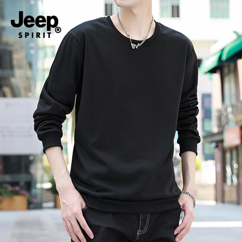 JEEP SPIRIT吉普卫衣男春秋季新款素版内搭打底衫长袖t恤男装秋装 黑色 常规 XL (建议体重120-135斤)