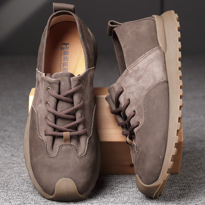 渡诺班尼头层夏季透气单层磨砂皮复古牛筋软底羊皮男士休闲鞋 深灰色_932-10深灰 40