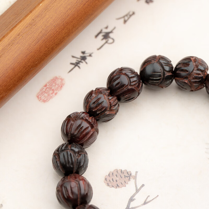 仙源小叶紫檀9mm手工莲花雕刻单圈手串情侣款木作文玩佛珠念珠七夕节