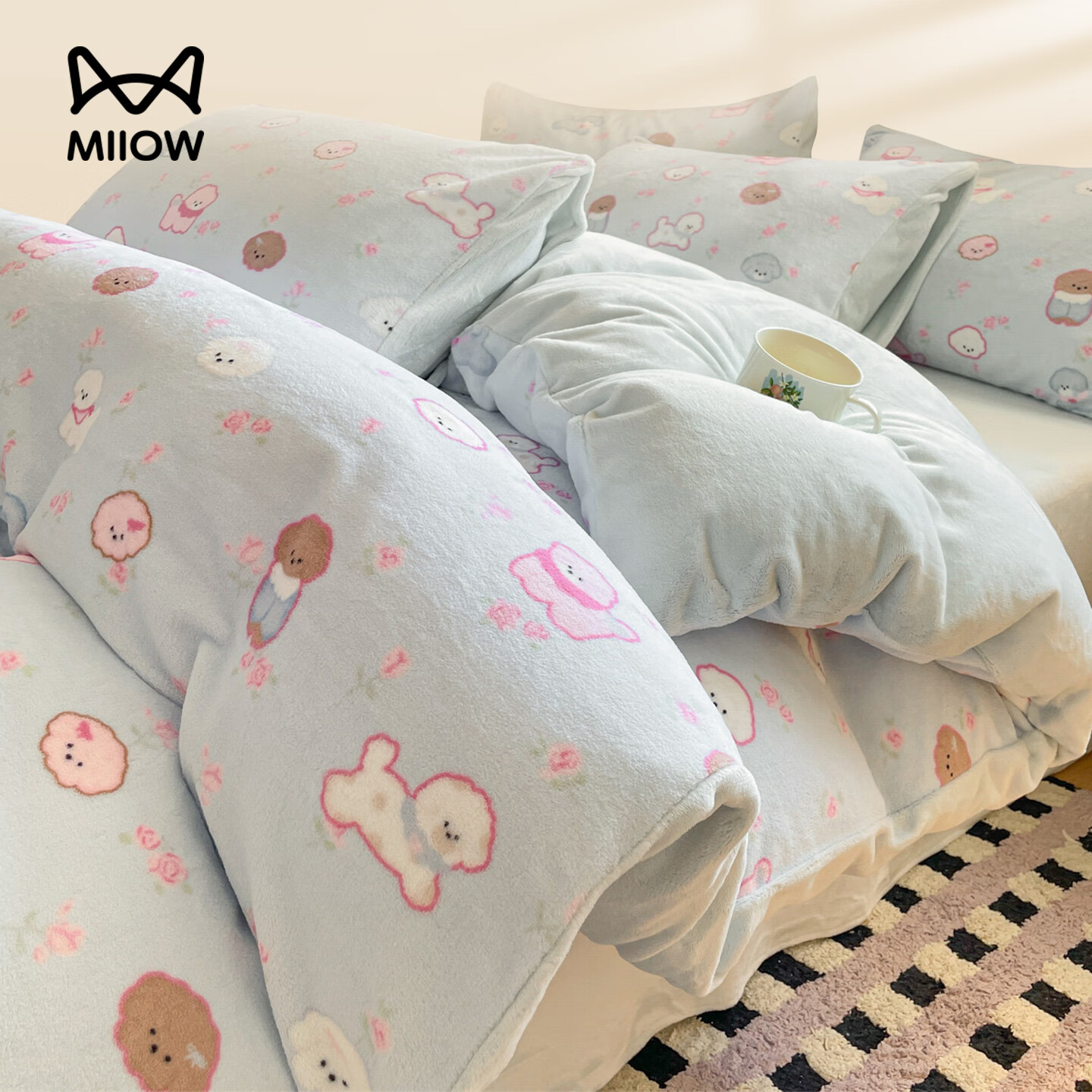 猫人（MiiOW）秋冬卡通牛奶绒四件套加厚保暖珊瑚绒被套床单三件套加绒床上用品 萌宠乐园 【亲肤牛奶绒】 2.0m 床单款 四件套-220*240cm被套