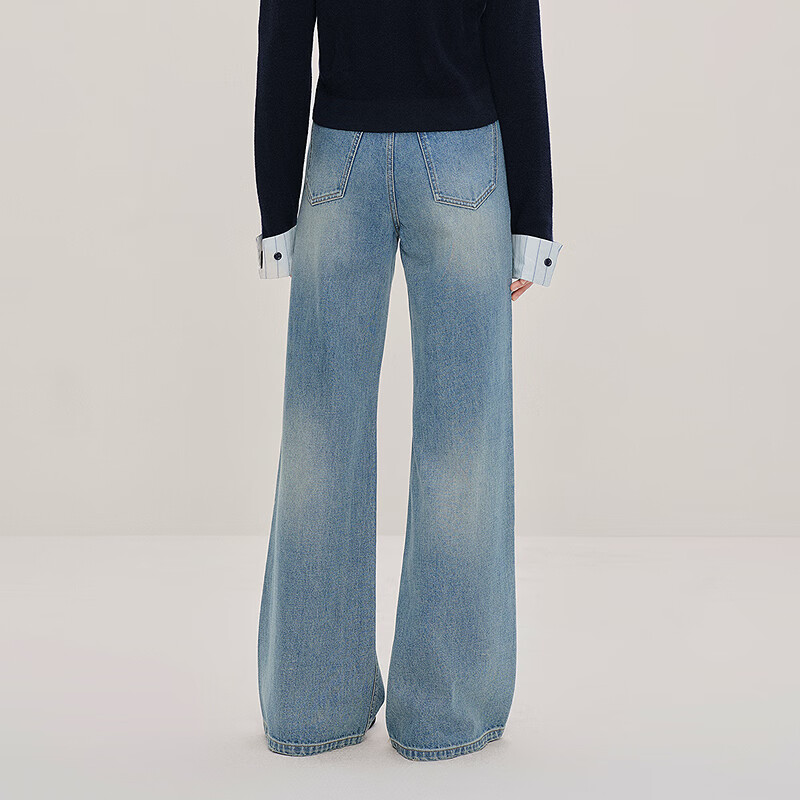 乐町直筒水洗牛仔裤秋季新款纯棉高腰牛仔长裤 淡色牛仔蓝(现货) S