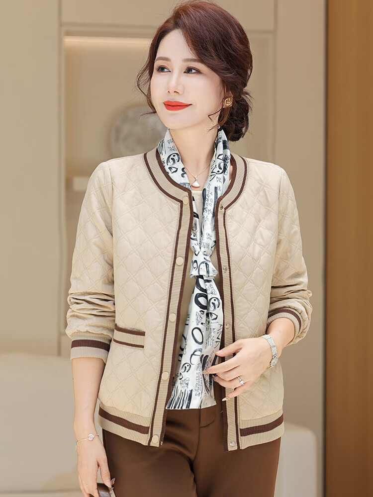 兰铂丽斯中年妈妈装短款休闲外套女春秋季新款气质婆婆长袖夹棉轻薄棉衣 米色 XL （建议85-105斤）