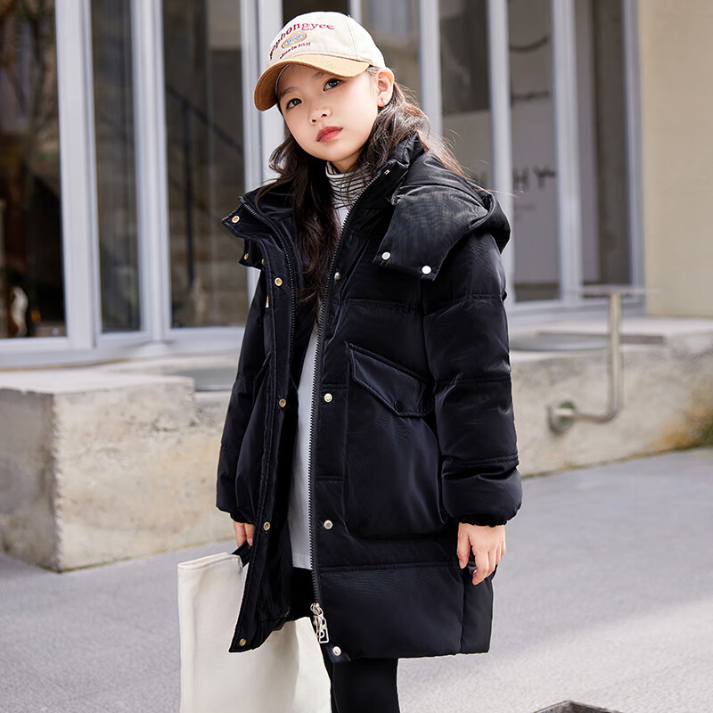 ABC KAIA新款冬季儿童羽绒服女童韩版洋气童装中大童中长款白鸭绒保暖外套 黑色 140