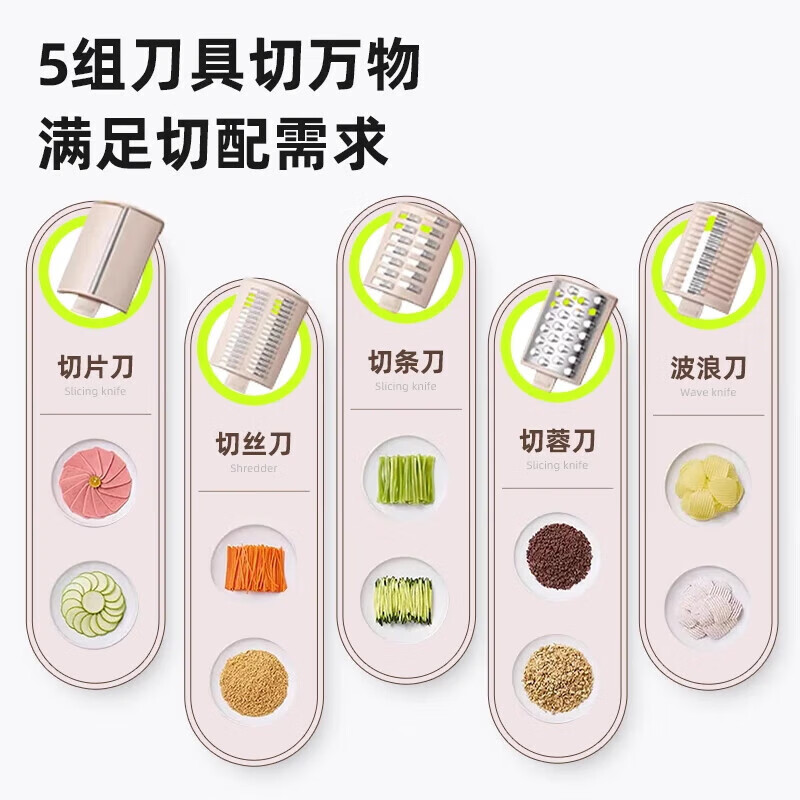 荣事达全自动切菜机厨房切菜神器电动切菜机切丝器切片切土豆丝多功能家用料理机可拆易清洁大容量擦丝器 自动切菜机-五合一款(片+丝+条+蓉+波浪) 0L