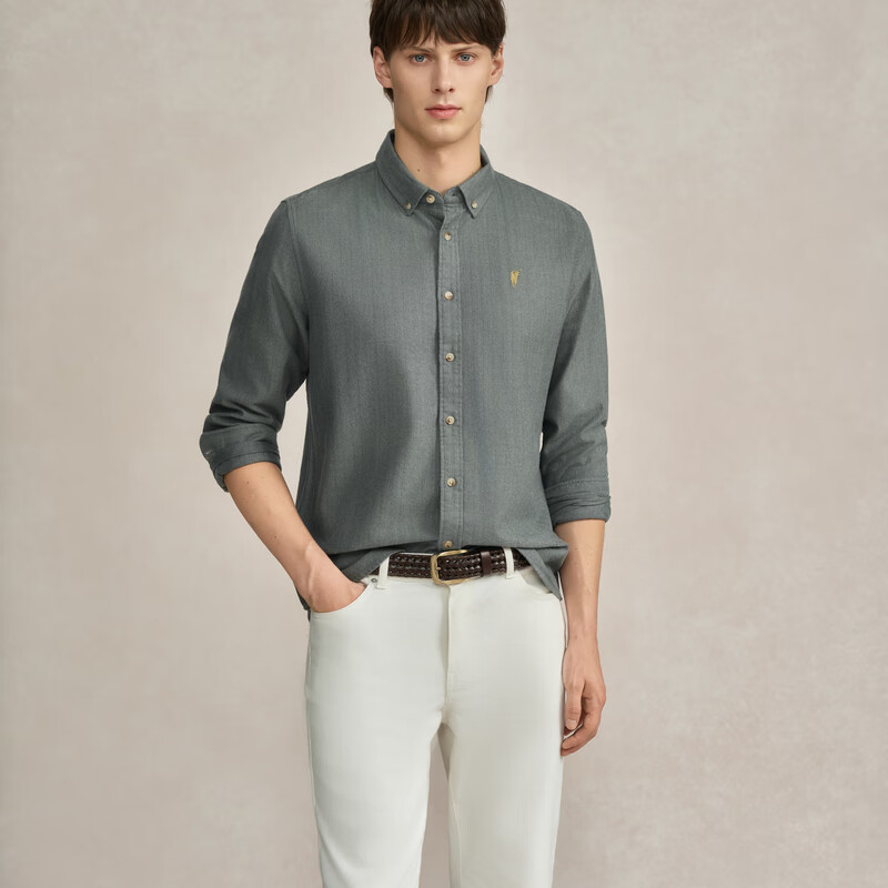 POLOWALK男装2025冬季新品男式长袖衬衫商务休闲职场男士上衣长衬 绿色 M