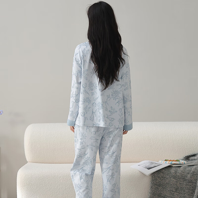 芬腾睡衣女纯棉秋新款优雅花卉套头休闲外穿长袖家居服套装 浅蓝 M