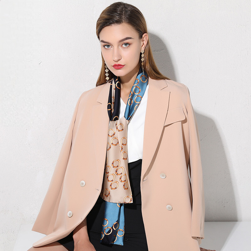 达芬奇密码 丝巾小长巾女百搭春秋仿真丝窄边杭州丝绸丝巾 玉环连珠 孔蓝