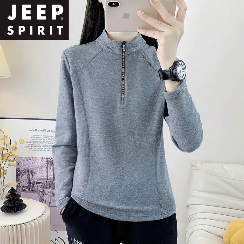 JEEP SPIRIT套头抓绒衣女立领加厚薄绒打底衫春秋冬户外登山徒步运动保暖长袖 麻灰色 (上衣) M (85-95斤)