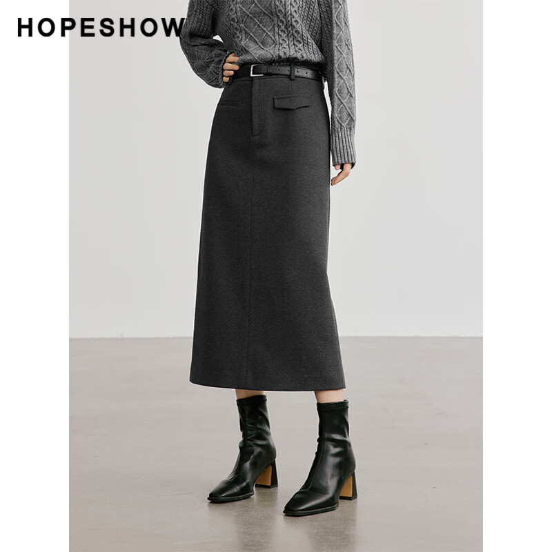 紅袖（hopeshow）深灰半身裙氣質(zhì)冬季新款女裝質(zhì)感開(kāi)叉直筒顯瘦百搭加長(zhǎng)裙 深灰3080 S