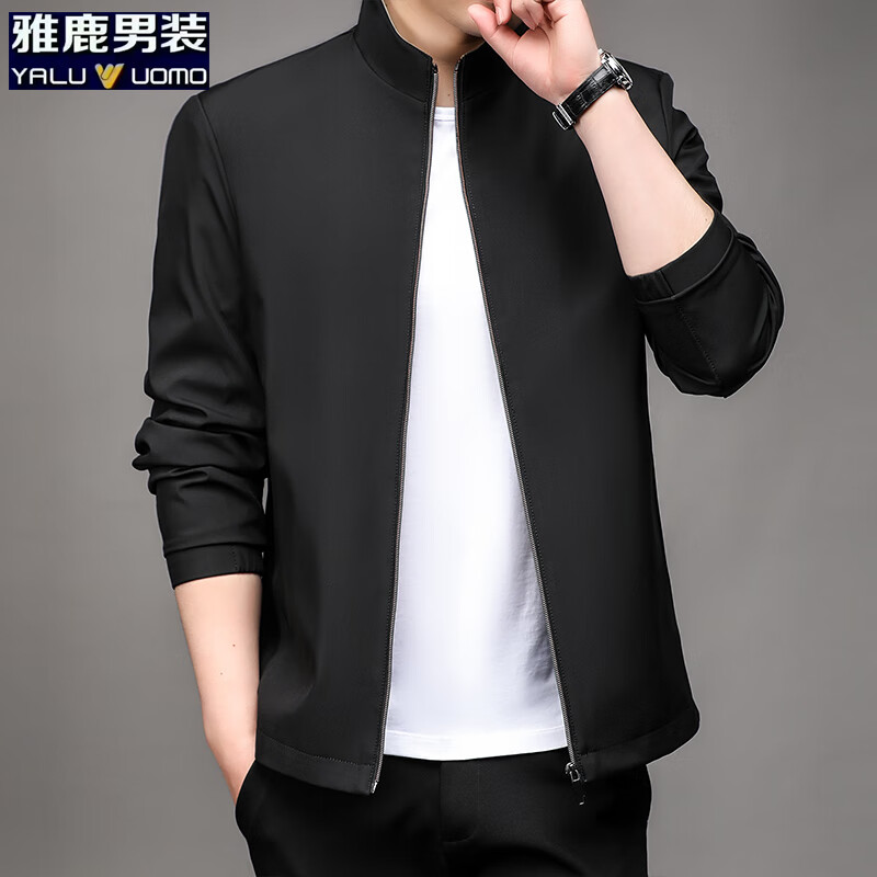 雅鹿男装夹克男外套2025年春秋新款潮流男士休闲立领高端茄克衫 黑色 L (建议120-135斤)