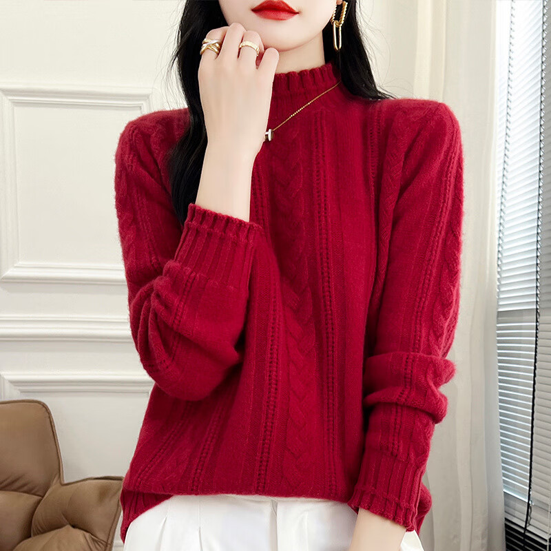 鹿王（KING DEER）秋冬季半高領(lǐng)扭花羊絨衫休閑寬松針織衫毛衣氣質(zhì)百搭款保暖打底衫 珊瑚紅 L