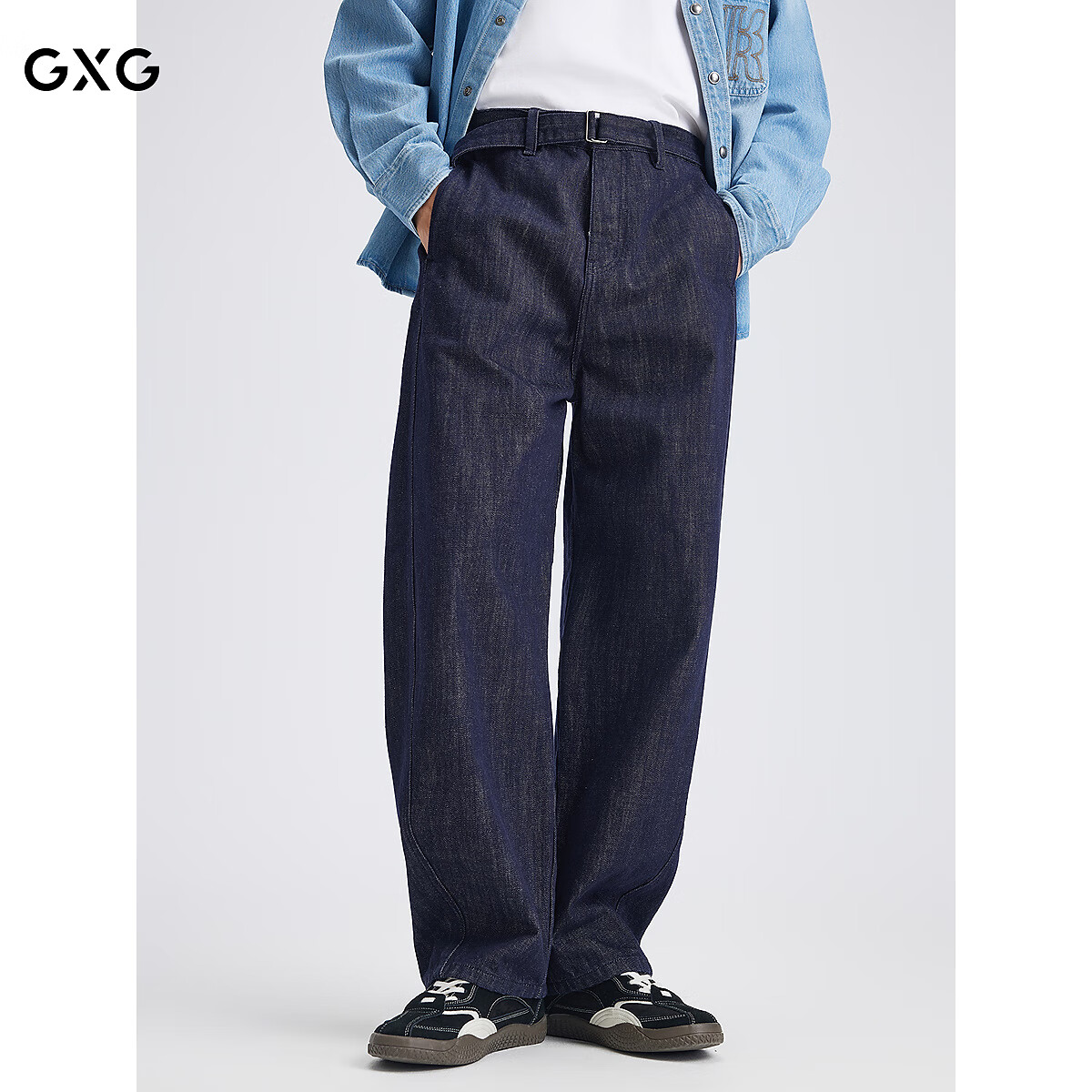 GXG男装  经典不易褪色宽松腰绳设计直筒牛仔长裤 2025秋季新品 深蓝 M