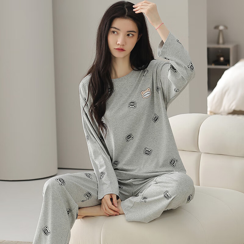 芬腾睡衣女100%纯棉秋新款柔软亲肤圆领套头家居服休闲外穿套装 灰色 L