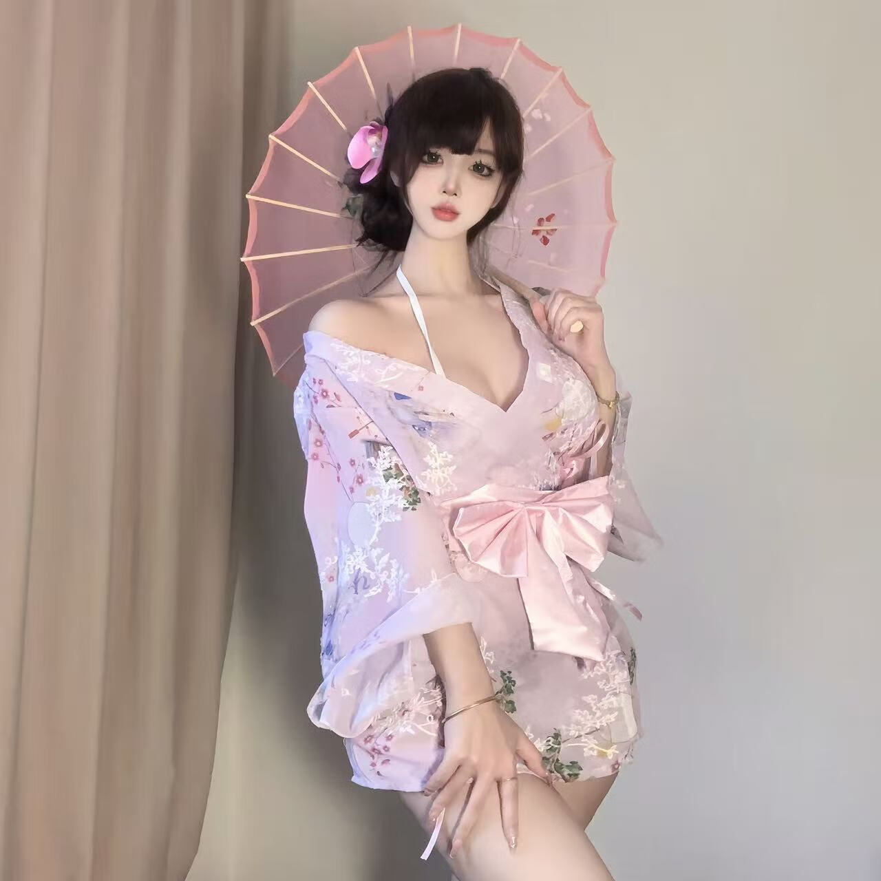 情趣内衣V领日系和服性感约会战袍新款绑带睡袍浴袍睡衣女家居服 粉花和服 均码