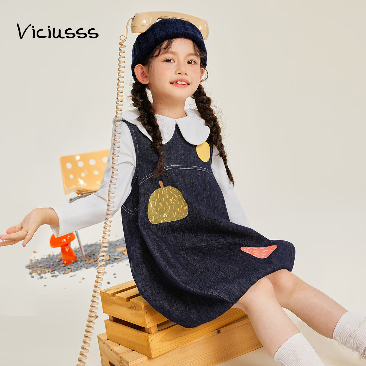 Viciusss丸社童装女童连衣裙春秋休闲背带裙牛仔裙个性儿童宽松百搭裙子 深牛仔蓝 120