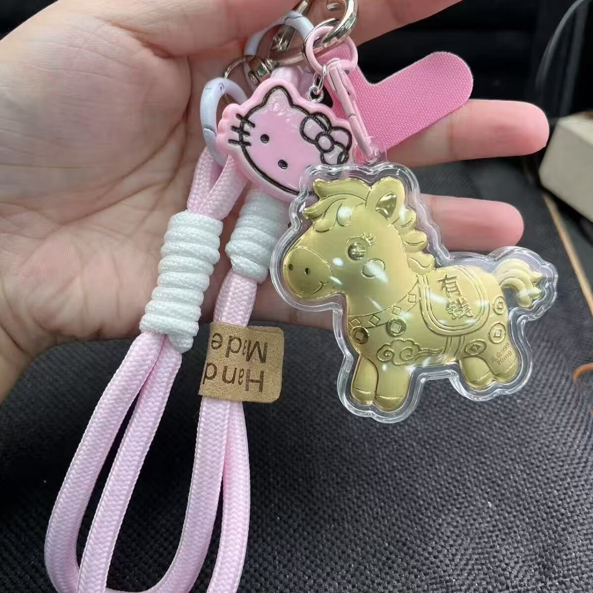 水贝黄金马上有钱足金999钥匙扣包包挂件手机挂绳卡通礼物 马上有钱[粉色挂绳]