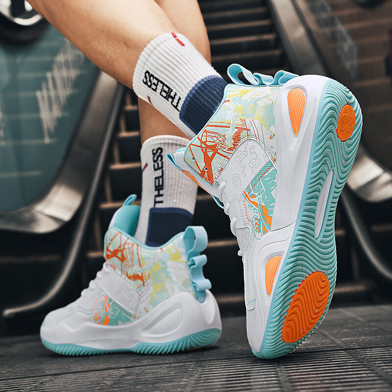 藏美时代篮球鞋男秋冬网面透气9岁13男孩中大童训练比赛减震防滑耐磨球鞋 白月[皮面款] 35