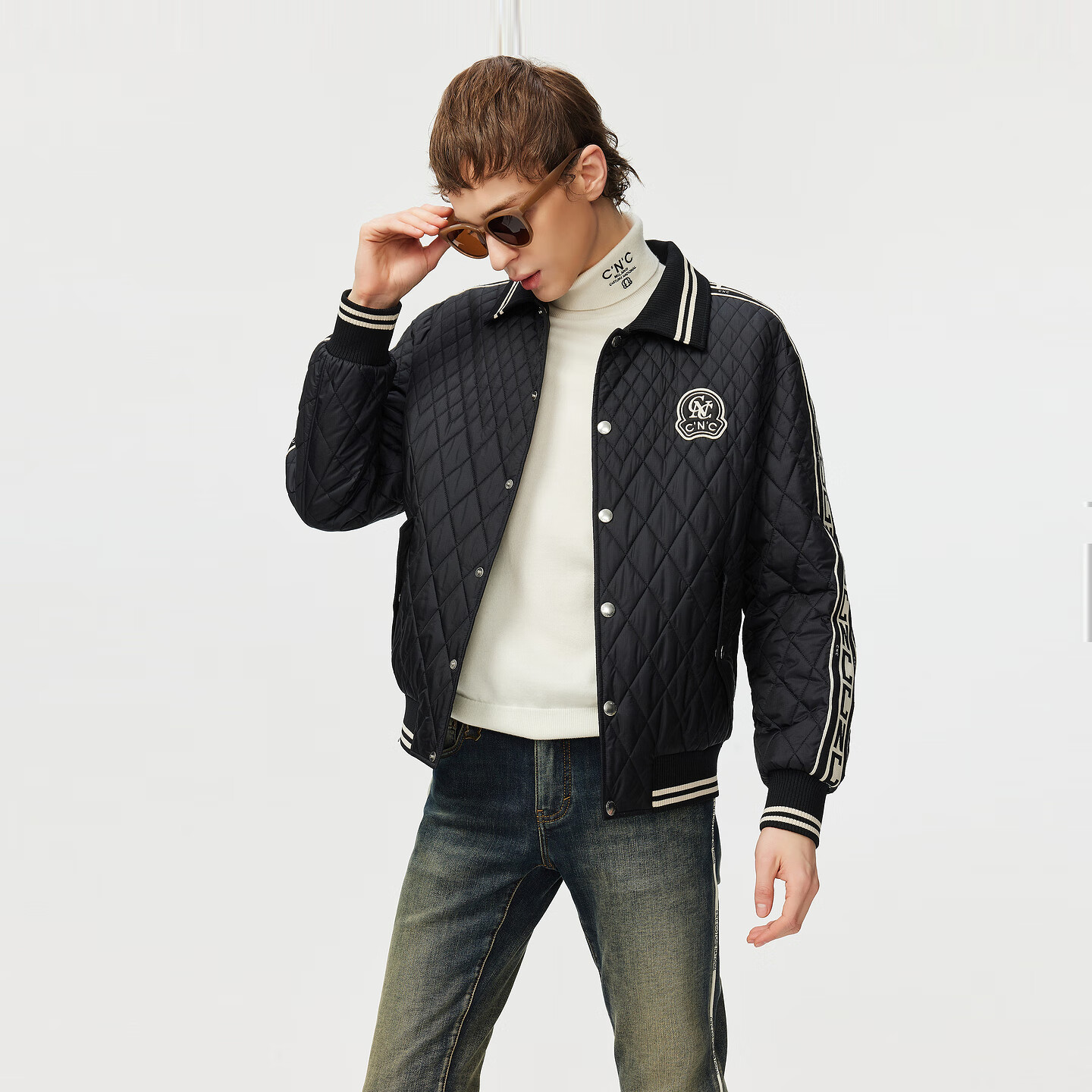 C'N'C【奢侈品衣服】CNC25新款刺绣logo翻领菱格短款棉服夹克外套男 黑色 54 /XL/(185/100A)