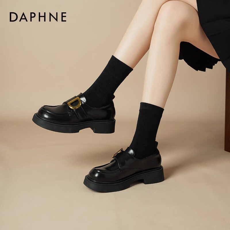 达芙妮厚底乐福鞋女2025新款秋季英伦风小皮鞋百搭复古魔术贴单鞋女ZJ 黑色-主图款 4cm跟高 37