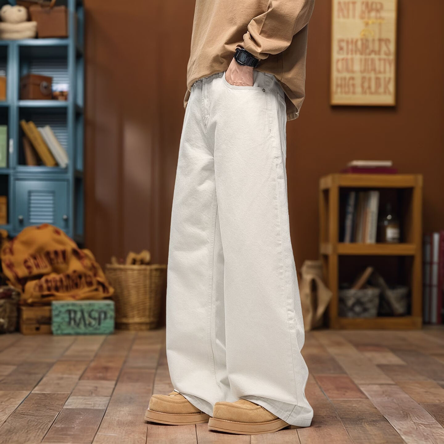 美式高端白色牛仔裤男宽松直筒阔脚长裤2026春夏新款拖地高街裤子 米色 8630 31 建议141-155斤