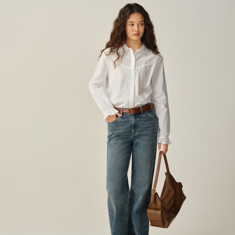 ELAND衣恋衬衫女温柔风翻领长袖上衣2025秋季新款 象牙白/白色(39)Ivory S /160