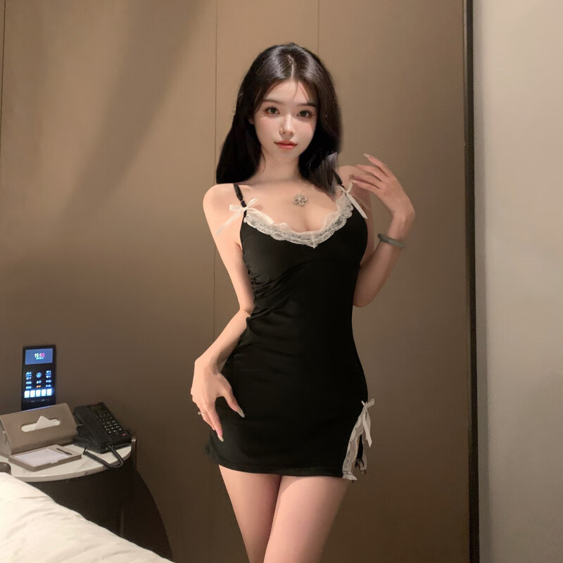 夜酥情趣内衣女夏性感蕾丝修身睡裙家居服纯欲风可胸垫 酒红色【加胸垫】+黑开裆袜 XL【115-130斤】