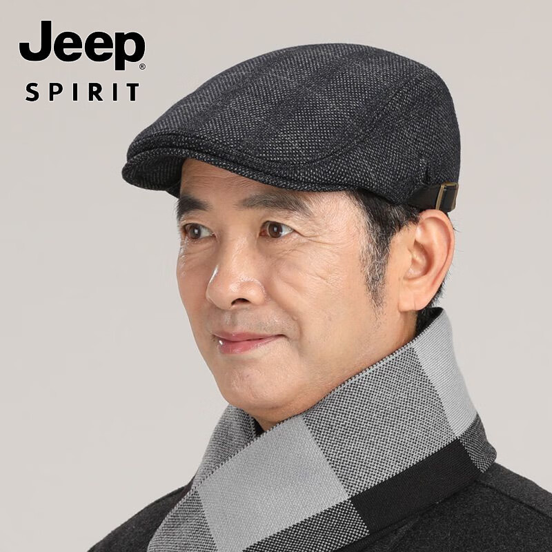 JEEP羊毛呢加厚加绒鸭舌帽子男士冬季中老年贝雷帽英伦复古保暖前进帽 竖纹款-黑色 M 均码(55-60C)可调节大小