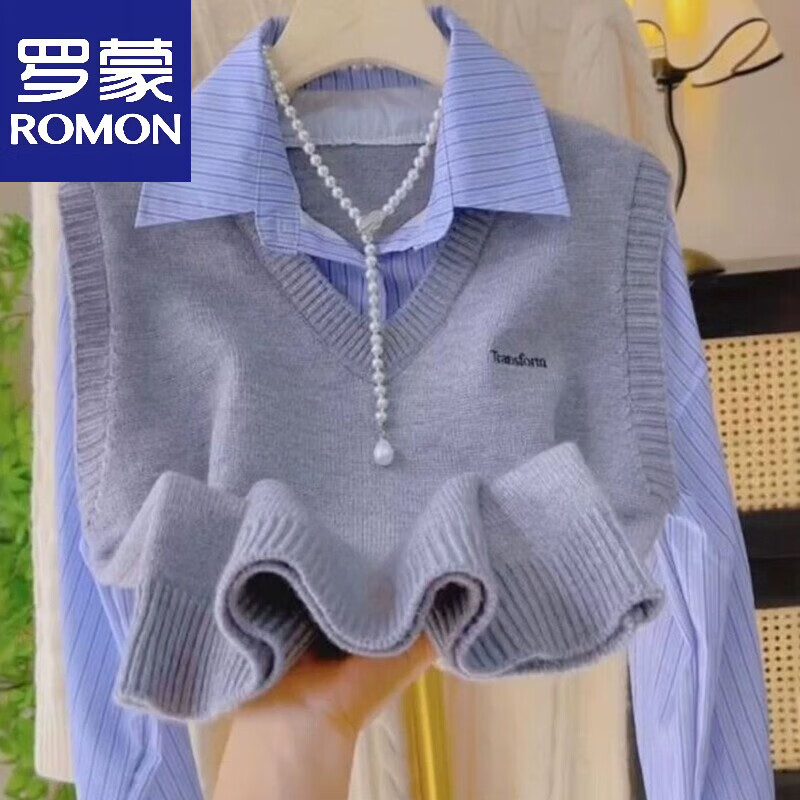 罗蒙（ROMON）时尚羊毛衫针织新款背心衬衫领学院马甲假两件套针织衫上衣女POLO 官方旗舰灰色 假两件 S 官方旗舰S 80-95斤