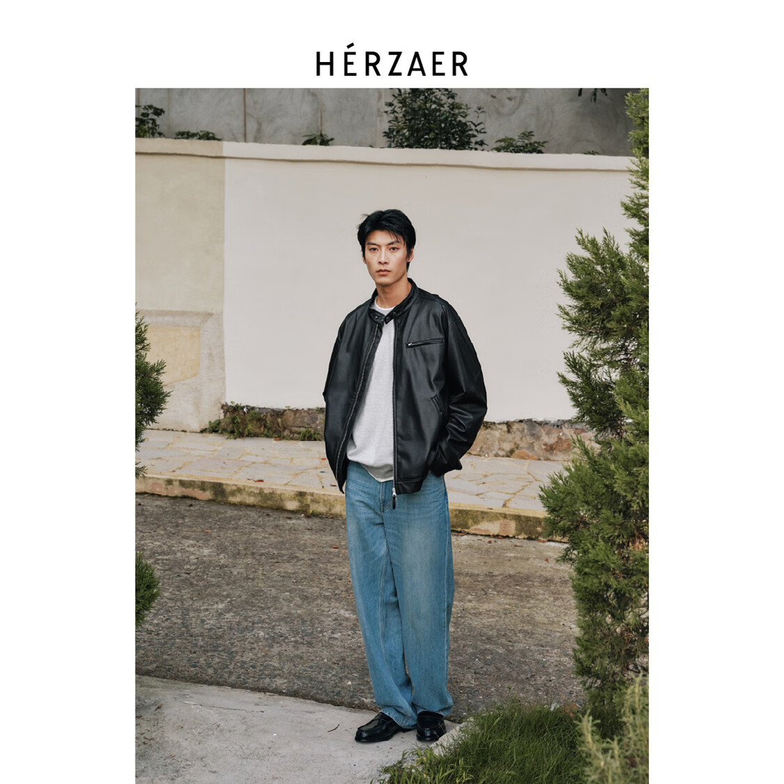 RESTICKHERZAER 复古水洗立领机车风PU皮衣外套 短款底特律夹 黑色 PU皮 XL