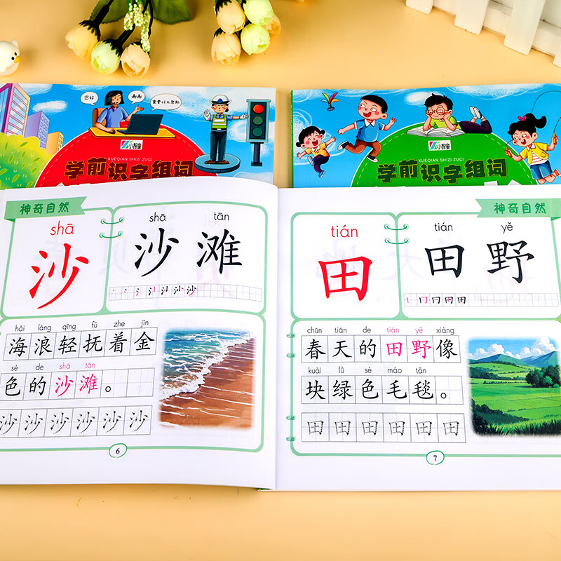 学前识字组词造句书(全四册）家与家人，神奇自然，公共生活，校园生活 专为学前儿童设计的识字书，为幼小衔接做准备。