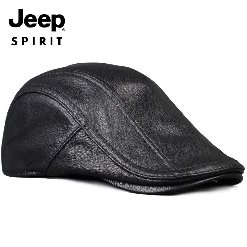 JEEP SPIRIT秋冬新款真皮帽子男真皮鸭舌帽户外中老年贝雷前进帽薄款单帽 黑色 均码 59-60