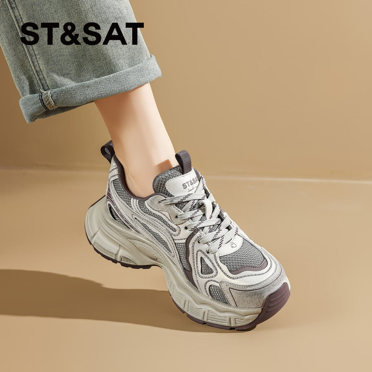 星期六（St&Sat）复古百搭厚底老爹鞋舒适跑步鞋女鞋 SSD1112857 灰紫色