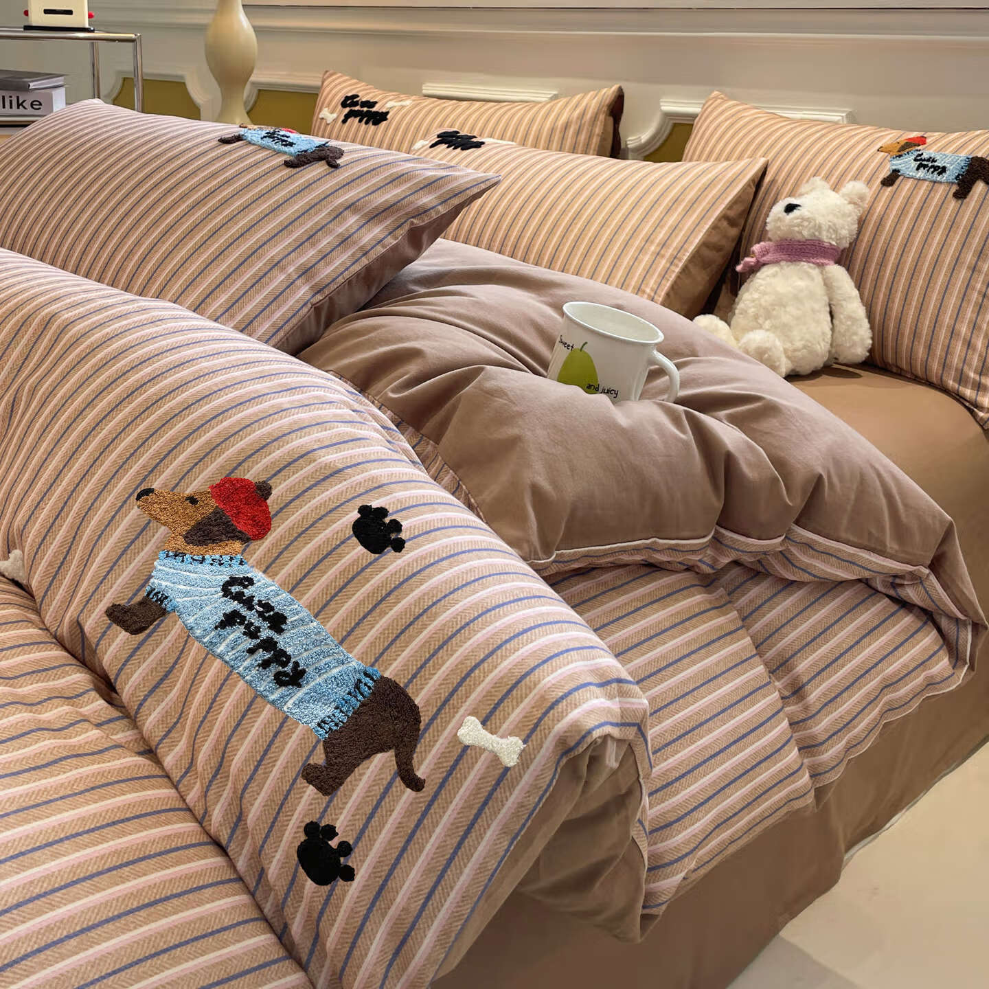 猫人A类全棉毛巾绣床上四件套纯棉磨毛床单被套床笠学生宿舍三件套 竖条腊肠狗【100%全棉面料】 1.8m 床笠款 四件套-200x230cm被套