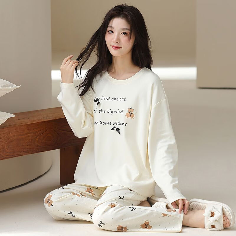 静鹿纯棉秋季新款长袖女士睡衣休闲可外穿家居服套装 6525 2XL 推荐140-160斤