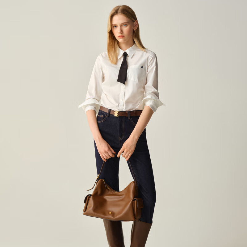 ELAND【小蛮腰】衣恋衬衫女短款棉质翻领通勤上衣2025秋季新款 象牙白/白色(39)Ivory L /170