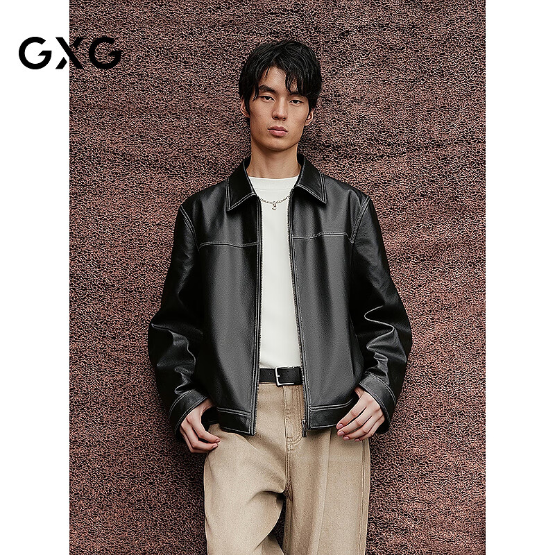 GXG男装 【牛皮】25年秋新款皮衣外套翻领时尚夹克#G25D123001 黑色 L