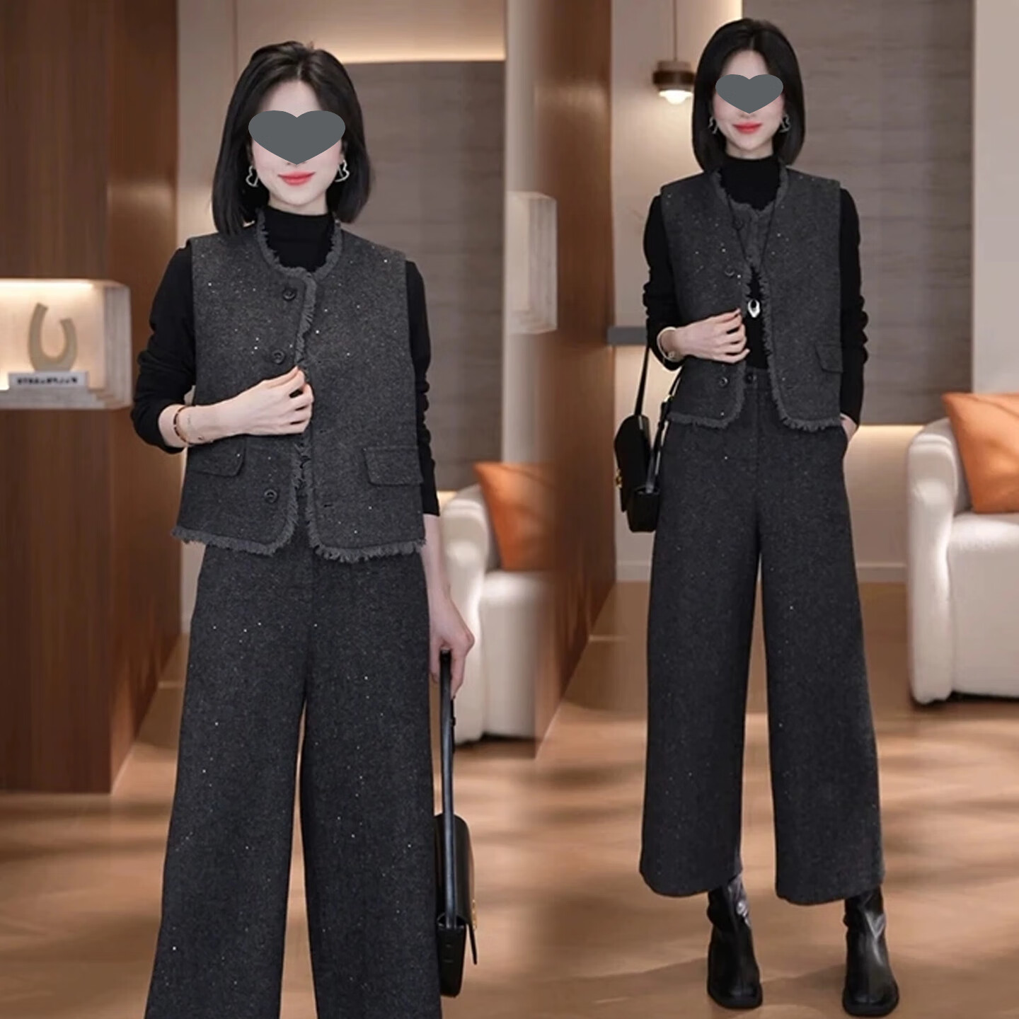 忻依美小香风套装女2025秋季新款女装套装洋气马甲打底衫阔腿裤三件套 灰色三件套 L 【115-125斤】