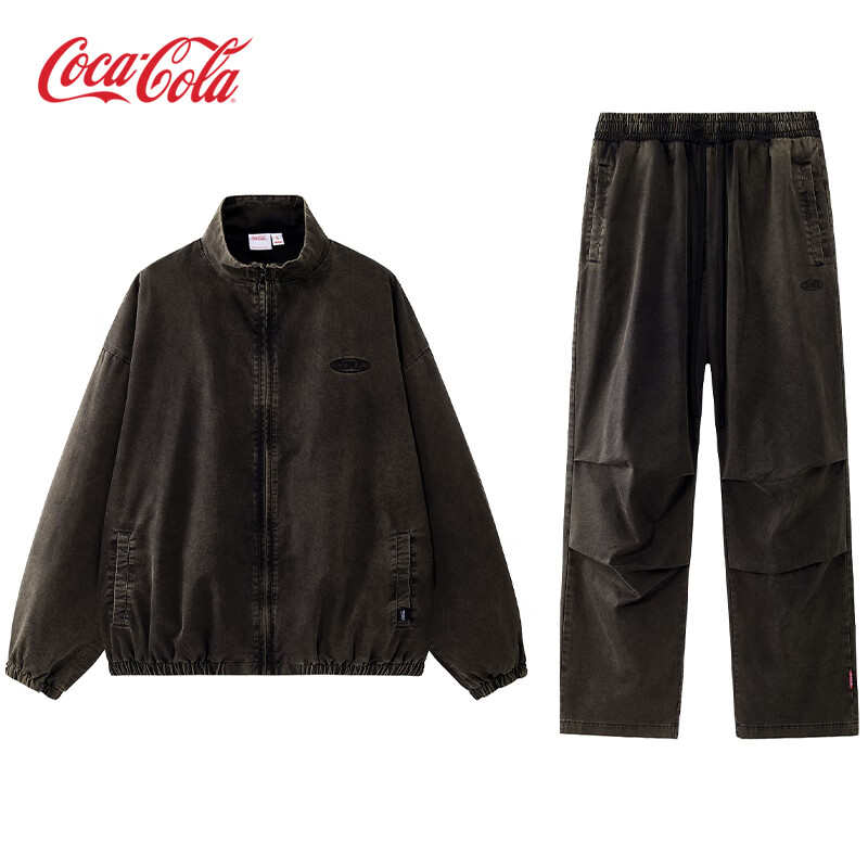 Coca-Cola休闲运动套装做旧洗褪夹克外套打褶直筒长裤 两件装
