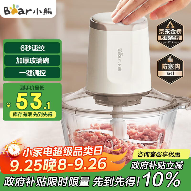 小熊（Bear）绞肉机家用 绞馅机 碎肉机 多功能料理辅食机搅拌机打肉机饺子肉馅蒜蓉机 搅肉机QSJ-E03C8 约2L