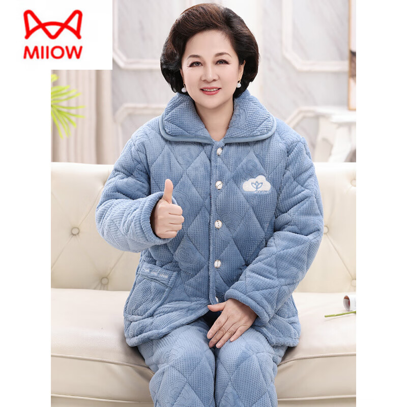 猫人(MiiOW)睡衣女冬季加厚牛奶绒三层夹棉保暖中老年妈妈装珊瑚绒家居服冬款 牛奶绒宝石蓝 3XL 高170-175重150-175