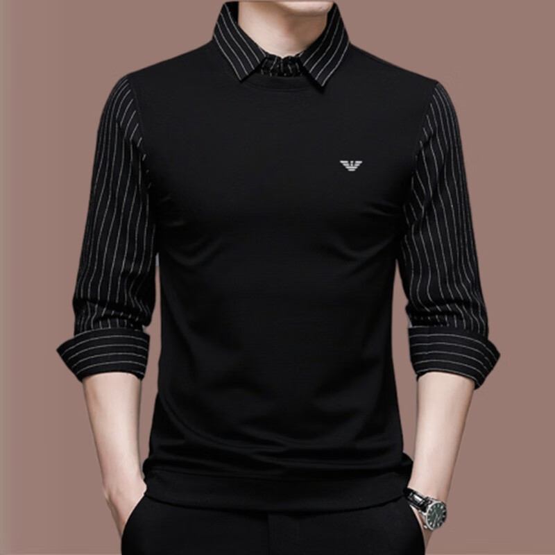 AX 阿玛尼 高端品牌春季男士长袖t恤假两件打底衫休闲衬衫领上衣男 8565黑色 薄款 M 165(建议100-120斤)