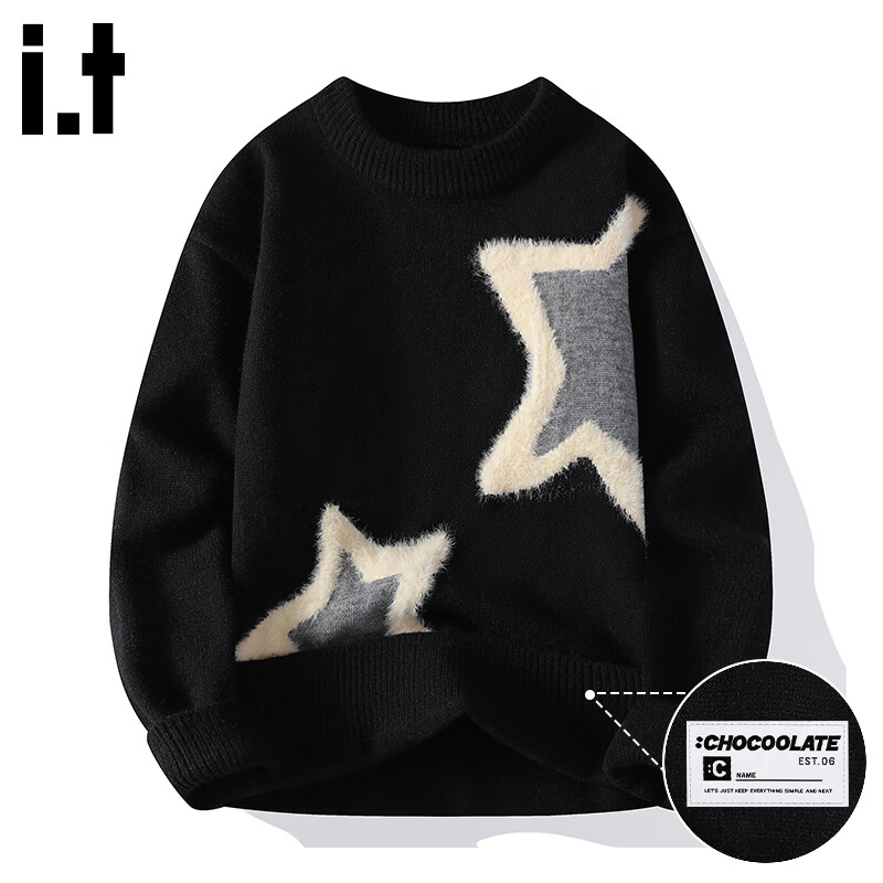 :CHOCOOLATE it慵懒舒适针织衫男秋冬季潮牌设计感宽松圆领套头加绒毛衣 黑色 M 【建议105斤-120斤】