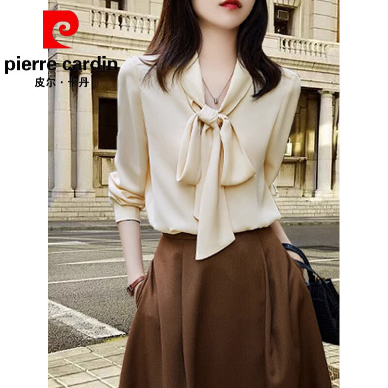皮尔卡丹(pierre cardin)高端品牌高端职业真丝桑蚕丝衬衫2025秋冬新款气质百搭优雅系带衬 皮尔卡丹 黑色 2XL