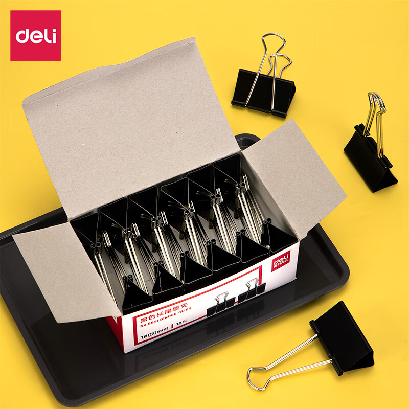 得力（deli）9541 1# 长尾票夹 50mm 盒装(黑)(12只/盒) 1盒