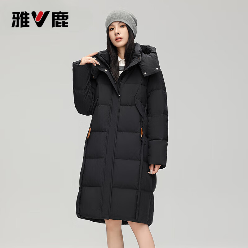 雅鹿中长款羽绒服女冬季2026新款设计感可拆卸帽防风保暖鸭绒加厚外套 星空黑 L (165) 【推荐125-145斤】