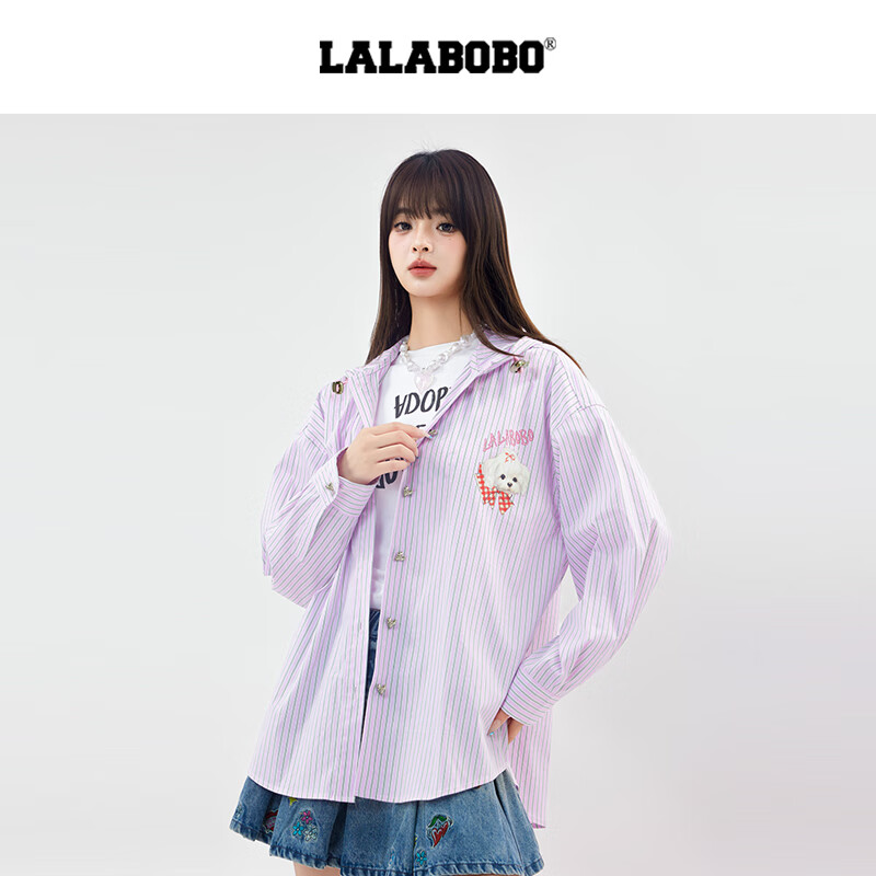 拉拉波波【商场同款】LALABOBO25年衬衫夏新款女原创潮牌条纹长袖印花上衣 咖色 S