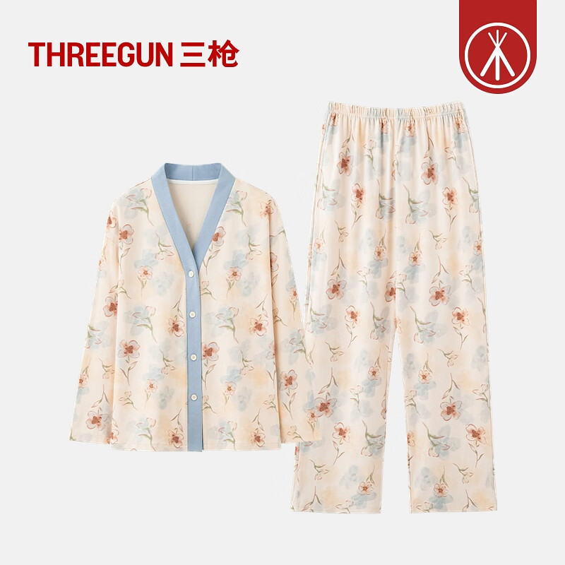 三枪(THREEGUN)秋季新款纯棉睡衣女士田园森女风花卉长袖开襟超柔软家居服 柔杏色 M