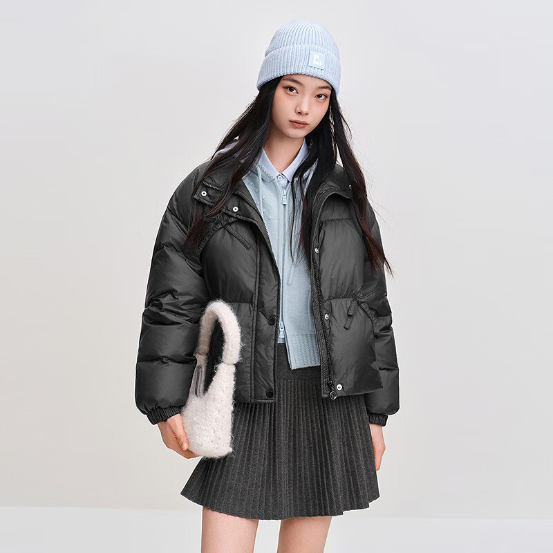 乐町【火山岩】乐町经典面包羽绒服2025年冬季新款短款蝴蝶结保暖外套 乌黑(现货) XS